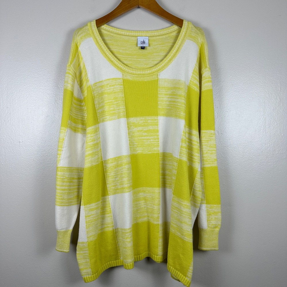 cabi Women's L Sweater Yellow White Checkered Scoop Neck Long Sleeve